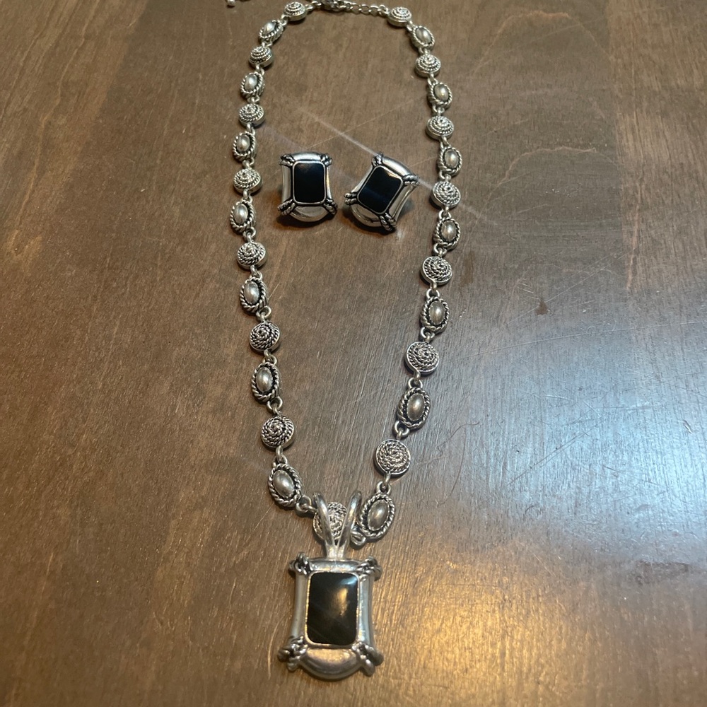 Vintage Costume set necklace with black pendant and matching pierced earrings